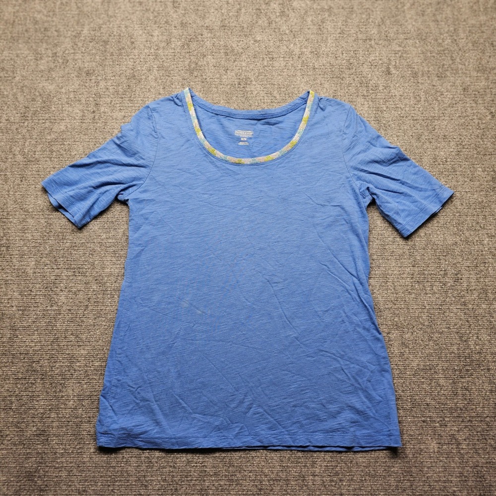 Pendleton Womens Blue Slub Cotton Scoop Neck T-Shirt Embroidered Trim Size M